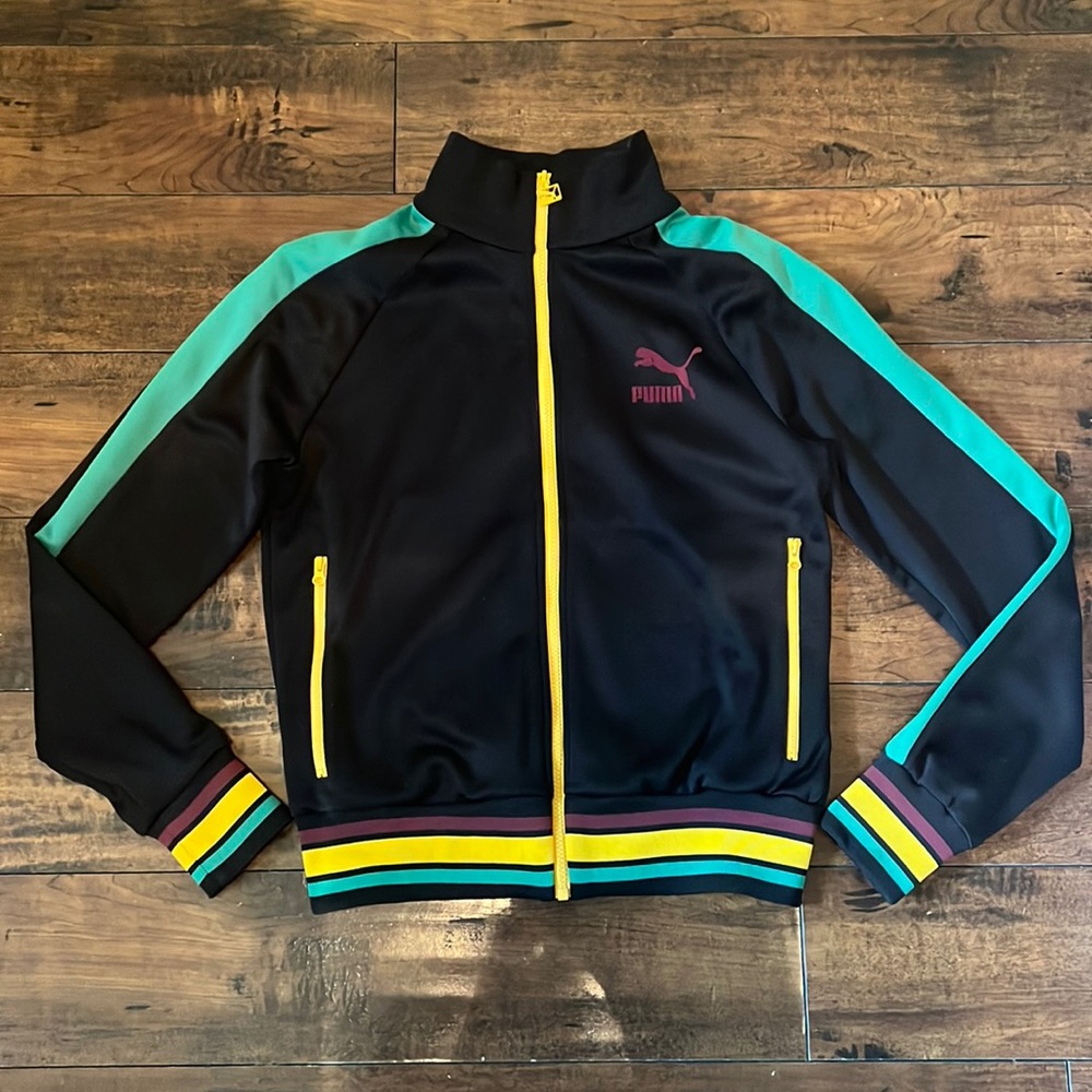 Puma Women’s Black, Green & Yellow Zip Up Track Jacket. Size S.